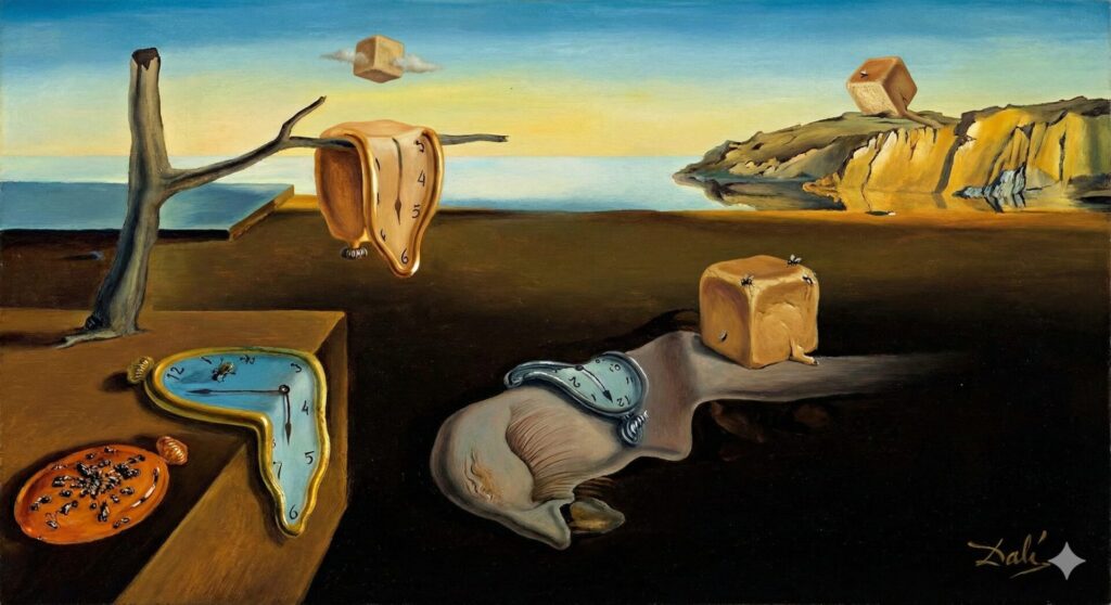 サルバドール・ダリの「記憶の固執」を模したシュルレアリスム絵画。溶ける時計や荒涼とした風景といった元の要素に加え、複数の焼きたてのキューブパンが配置されている。空に浮かぶパン、遠景の崖の上でバランスを取るパン、そして中央の奇妙な物体の上でハエがたかっているパンが、ダリ独特の画風で描かれている。