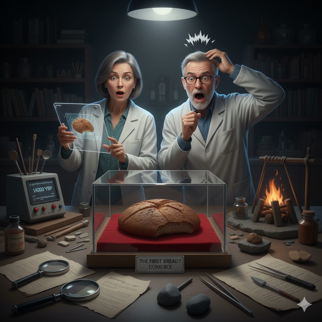 最古のパンの化石を研究している男女の研究員 驚きをもって観察している様子