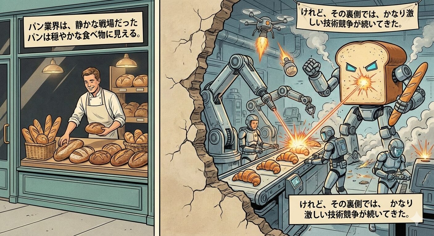 昔ながらの平和なパン屋さんの店先が描かれています。笑顔のパン職人が、美味しそうに焼けたバゲットや丸パンを棚に並べています。温かみのある色使いで、私たちが普段抱く「パン屋＝穏やかで幸せな場所」というイメージを表現しています。