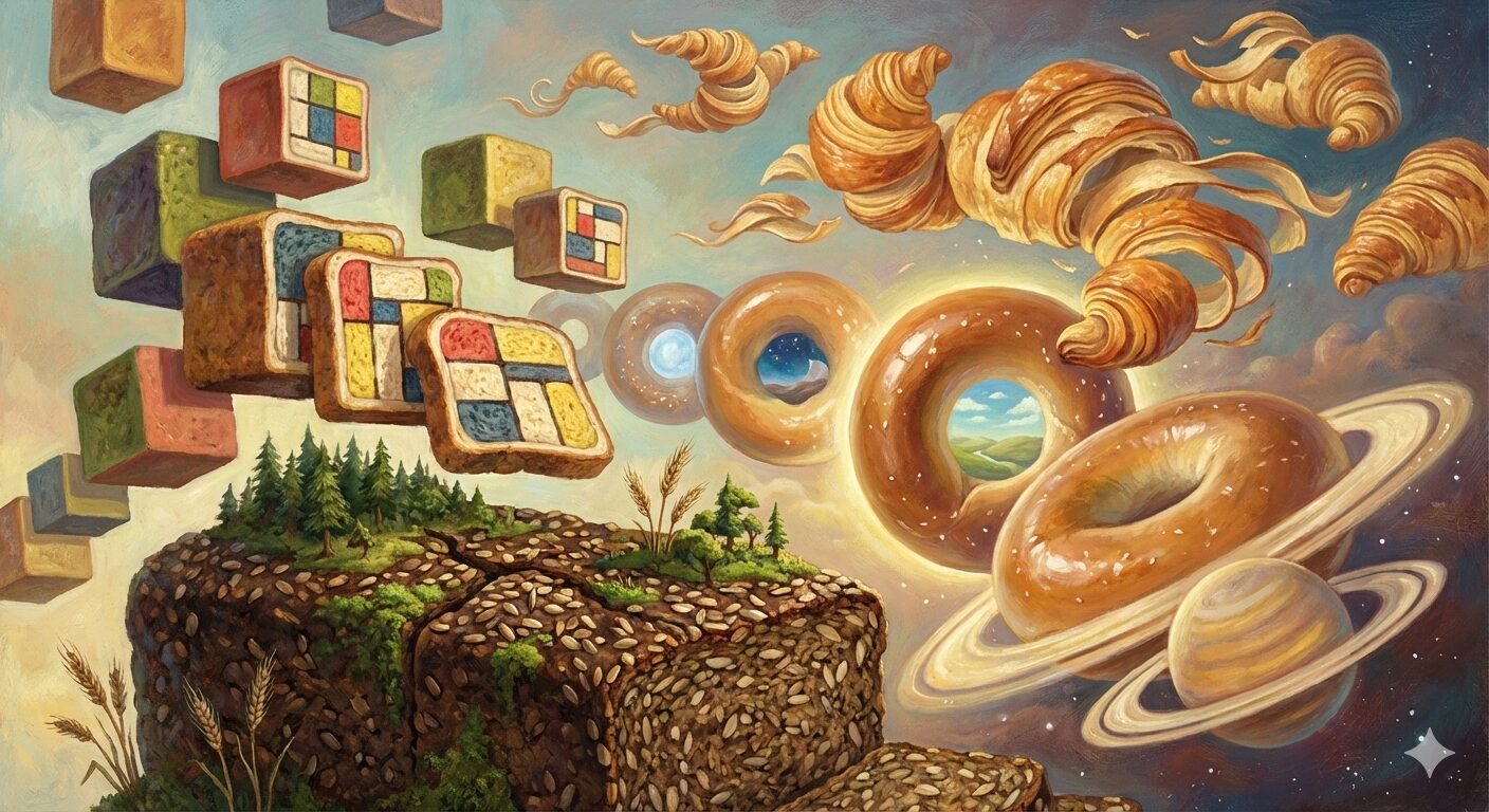 デンマークの100％ライ麦パン「ロブロ」、キューブパン、クロワッサン、ベーグル、これらのパンをおもしろ芸術的に描いている