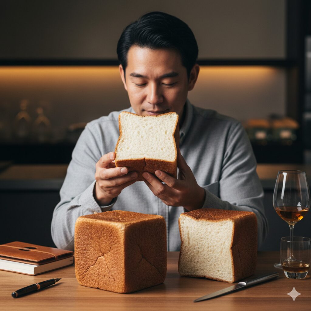 男性がキューブパンをテイスティングしている。大きなキューブパンをスライスして顔の前の持ち上げて香りをかいでいる。