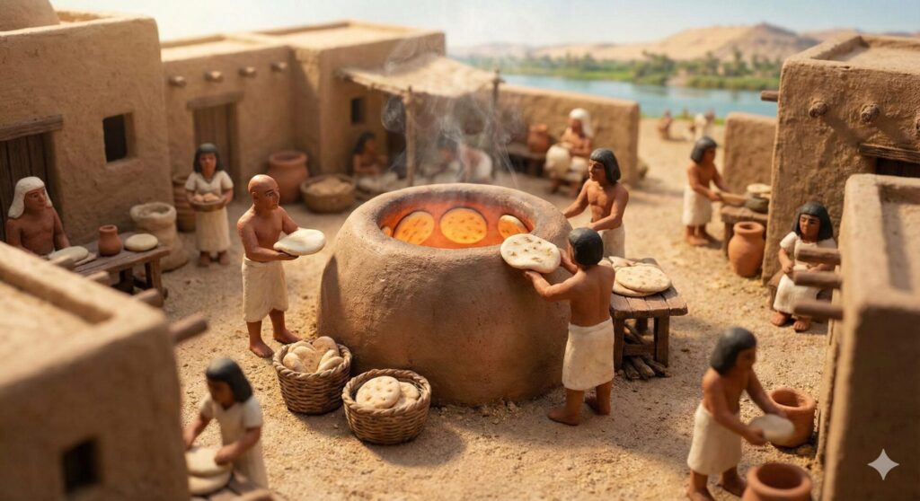 古代エジプトのパンは、インドのナンを焼く時に使うタンドール窯のような“熱した壺”の内側に貼り付けて焼かれていたと言われている。こんな風景のミニチュア画像