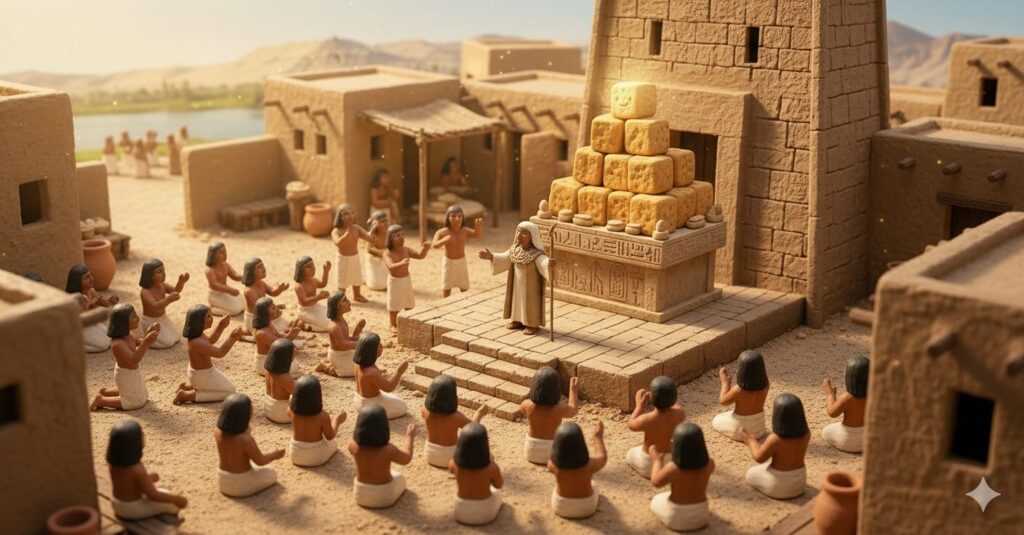 神の祭壇にささげられるキューブパンと崇める人々
司教が説法を説いている雰囲気のミニチュア画像