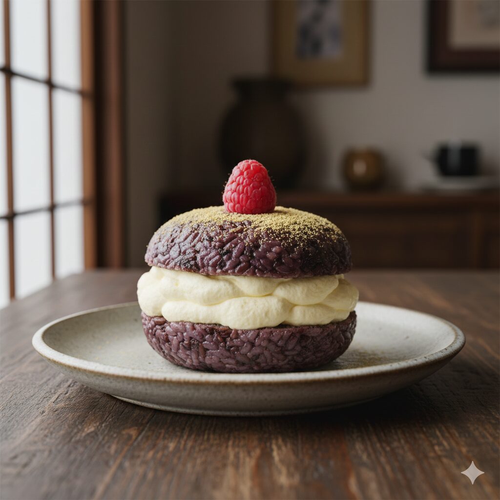 丸いおはぎ生地に、クリームをたっぷりサンドしてマリトッツォ風に仕立てたようなビジュアル