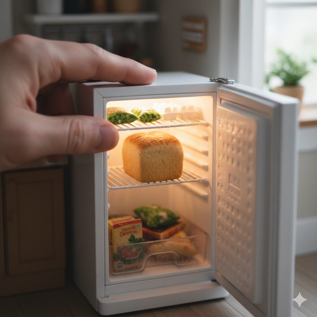 ミニチュア風のイラストで冷凍庫にキューブパンが入っている