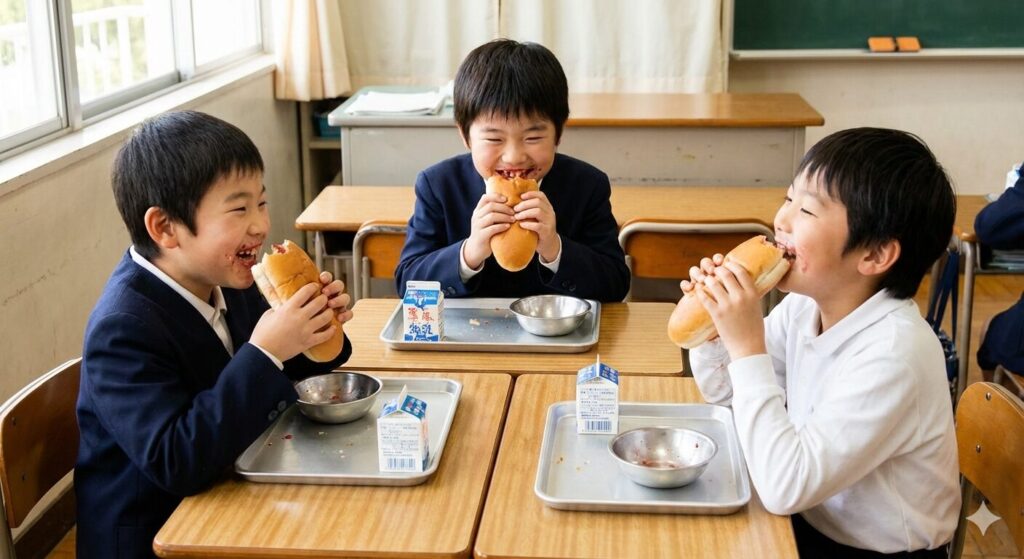 日本の小学校給食の風景 男子たちが3人でパンを美味しそうに食べている
