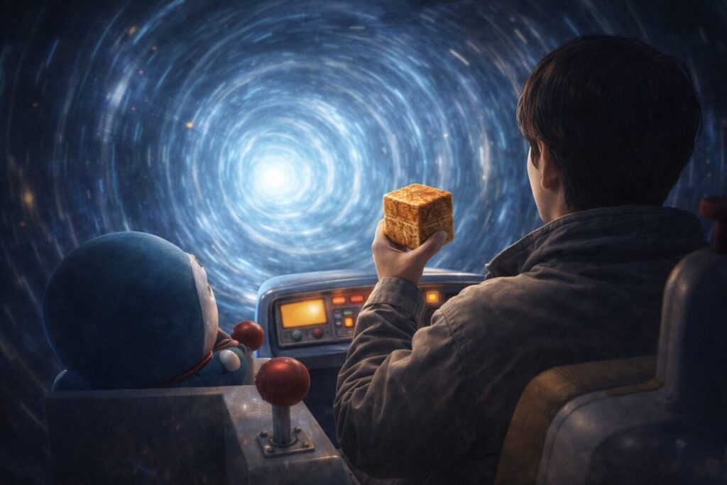 キューブパンを手に持った人物が、ドラえもん風のタイムマシーンに乗り、青いタイムトンネルを進みながら時間移動しているリアルタッチの後ろ姿の風景