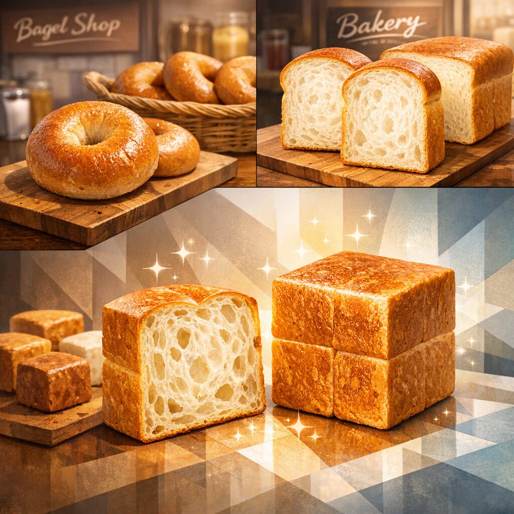 ベーグルや食パンなどの専門店文化と対比したキューブパンの構造美を示すイラストを生成してください