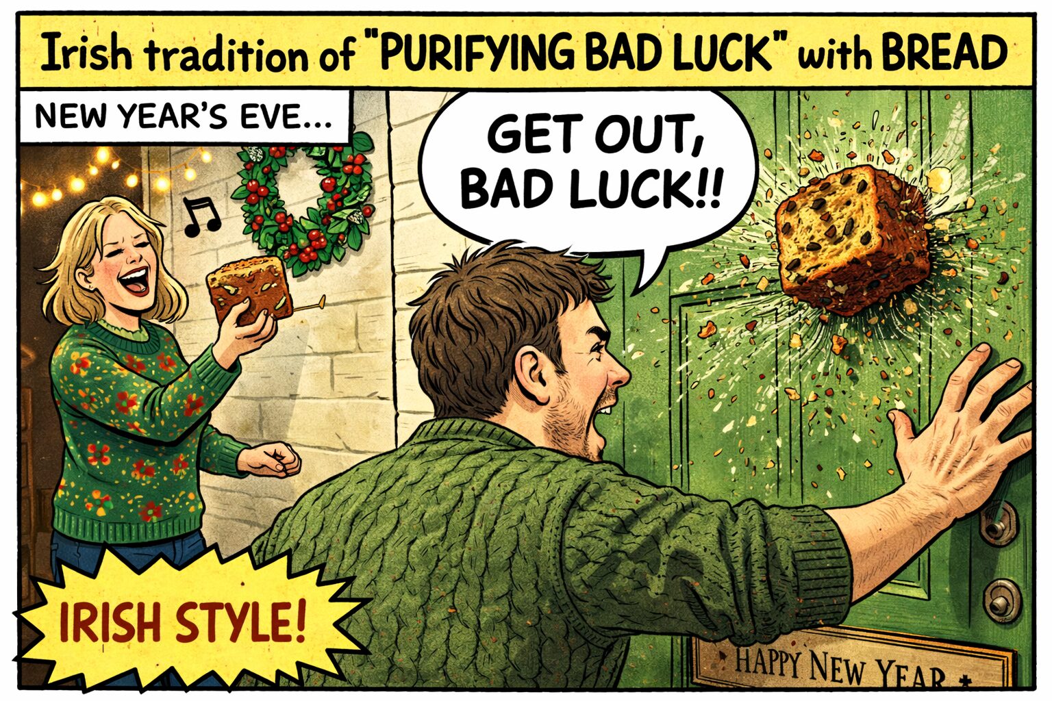 アイルランドの年末年始に行われる、パンを使った厄払いの風習をユーモラスに表現したビジュアル