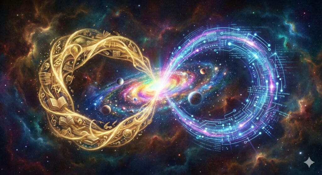 宇宙空間に浮かぶ無限(∞)のシンボル。左側は黄金の光とともに本や音符、羽ペンなどの人間文化・歴史の象徴が渦巻き、右側はネオンブルーのデジタル回路やデータコード、ホログラムが幾何学的に構成されている。中央の交差点は超新星のように白く輝き、背景には鮮やかな星雲と惑星が広がる、アナログとデジタルの融合を描いた幻想的なグラフィック。