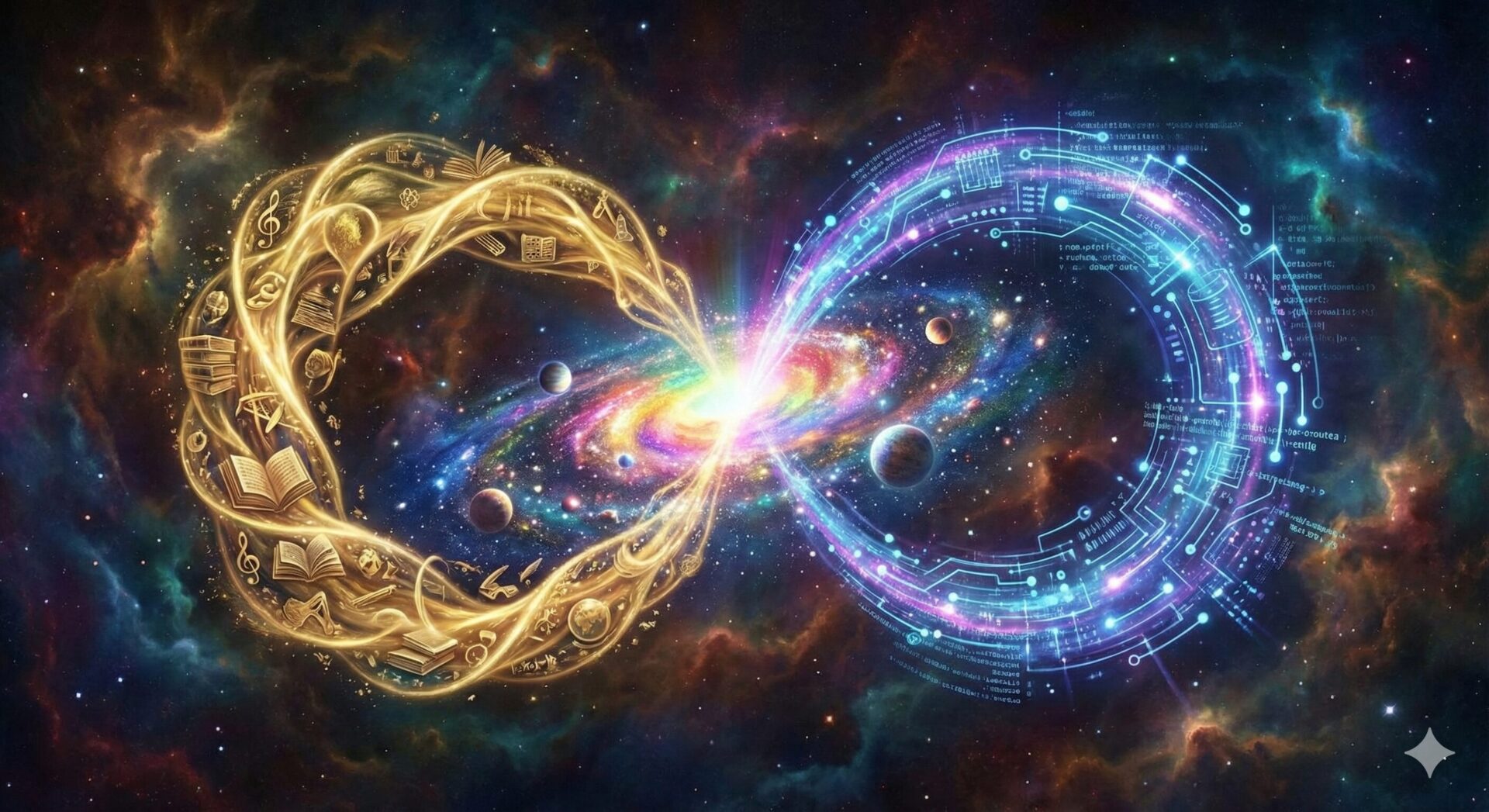 宇宙空間に浮かぶ無限（∞）のシンボル。左側は黄金の光とともに本や音符、羽ペンなどの人間文化・歴史の象徴が渦巻き、右側はネオンブルーのデジタル回路やデータコード、ホログラムが幾何学的に構成されている。中央の交差点は超新星のように白く輝き、背景には鮮やかな星雲と惑星が広がる、アナログとデジタルの融合を描いた幻想的なグラフィック。