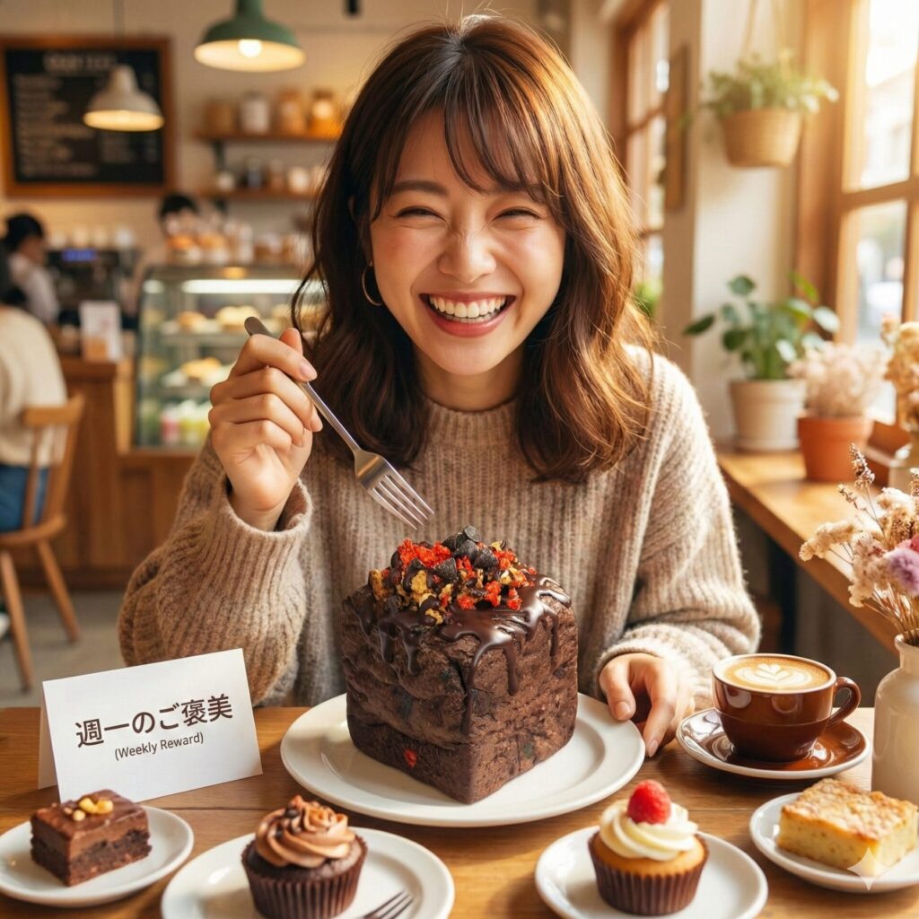 温かみのあるカフェの店内で、チョコソースとトッピングが乗った四角いパンを前に満面の笑みを浮かべる女性。手前には「週一のご褒美」と書かれたカード。
