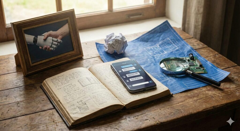 木の机に置かれた、人間とロボットの握手写真、数式が書かれた古いノート、チャット画面が表示されたスマートフォン、そして青図(設計図)の上に置かれた基板と虫眼鏡。AIと人類の協調や技術革新を象徴するワークスペースの風景。