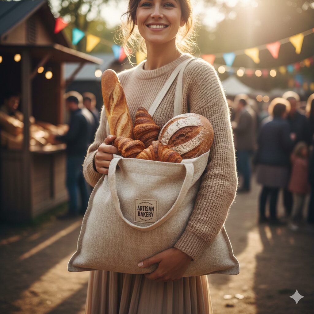 屋外マーケットで、バゲットやクロワッサンなどの職人手作りパンが詰まった「ARTISAN BAKERY」のロゴ入りトートバッグを抱えて微笑む女性。温かい夕日の光と賑やかな祭りの背景。