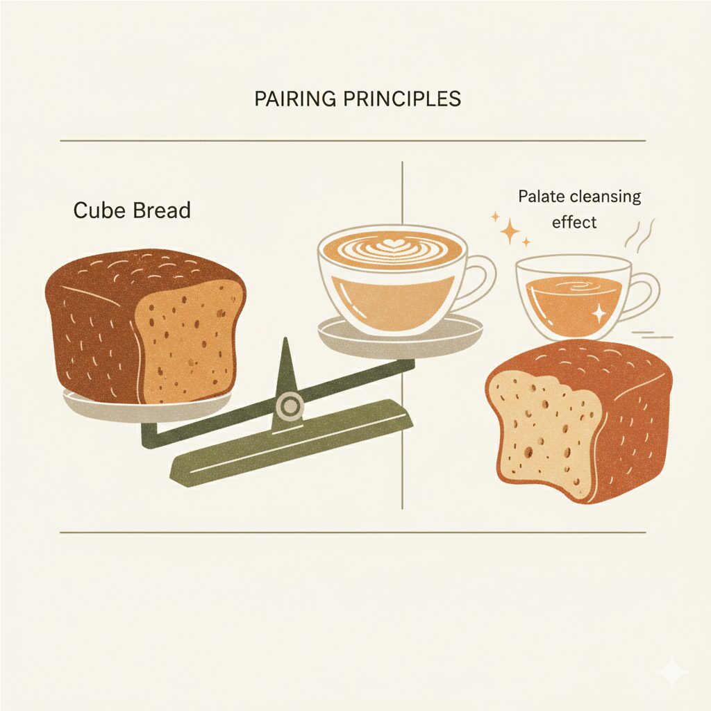 天秤のイラストで「Cube Bread」と「カフェラテ」の相性を表現し、右側には「Palate cleansing effect(口直し効果)」として温かい紅茶とパンの組み合わせが描かれた、ベージュトーンのインフォグラフィック。