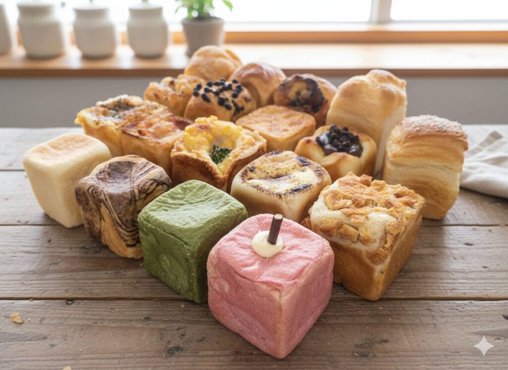 温かみのある木製テーブルの上に、20個近いキューブ型のミニパンが整列。手前には鮮やかなピンクや緑のパン、奥にはコーン、チョコチップ、焼き目のついたチーズパンなどが奥行きを持って配置されている。