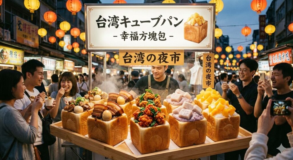 台湾の屋台街のイメージにキューブパンがならんでいるai生成画像