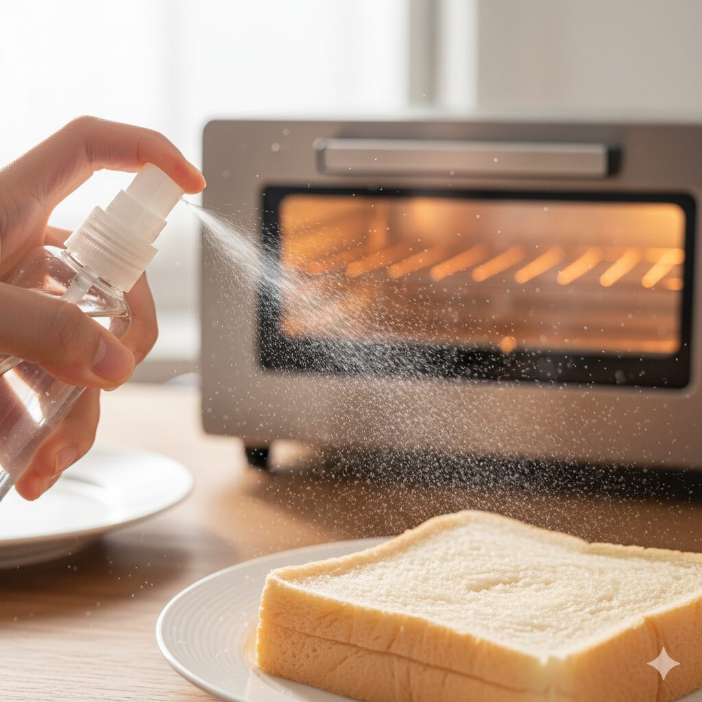 明るいキッチンで、乾燥した食パンに霧吹きで細かな水しぶきをかけている手元のクローズアップ写真。宙に舞う小さな水滴が光を反射しており、背景には温かく発光しているオーブントースターがぼけて写っている。パンの質感を復活させるテクニックを表現した、シズル感のある1枚。