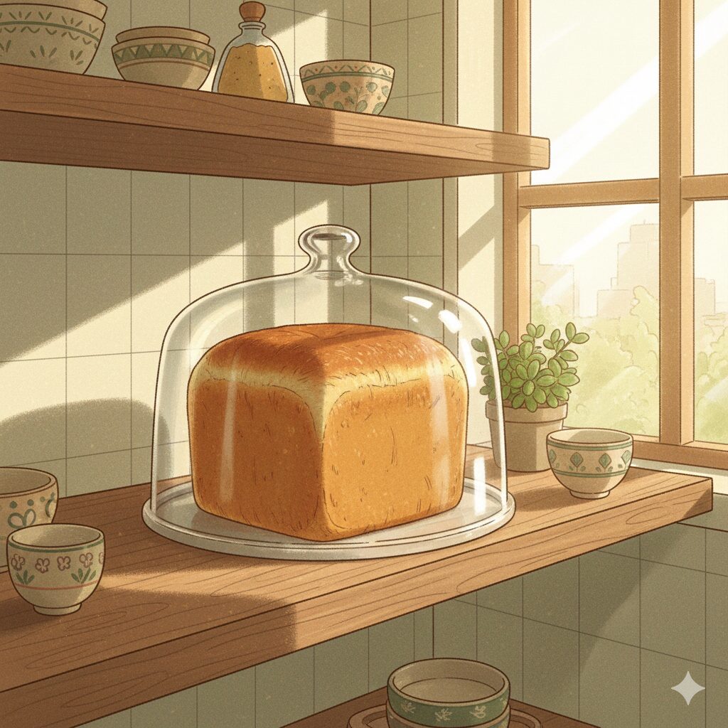 陽光が差し込む明るいキッチンで、ガラスドームの中に保存されたふっくらとした一斤の食パン。乾燥を防ぎつつ、適温で鮮度を保つ理想的な常温保存の様子を、温かみのある手書き風イラストで描いています。