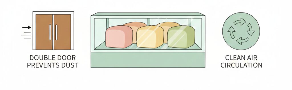 左に「DOUBLE DOOR PREVENTS DUST」と書かれた二重扉の図、中央に色とりどりのキューブパンが入ったガラスショーケース、右に「CLEAN AIR CIRCULATION」と書かれた循環アイコンが並ぶ説明図