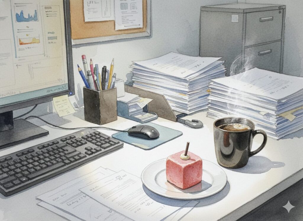 水彩画タッチのイラスト。PCモニターや書類が山積みになったデスクの片隅に、白い皿に乗ったピンクの四角いパンと、湯気が立ち上る黒いマグカップのコーヒーが置かれている。