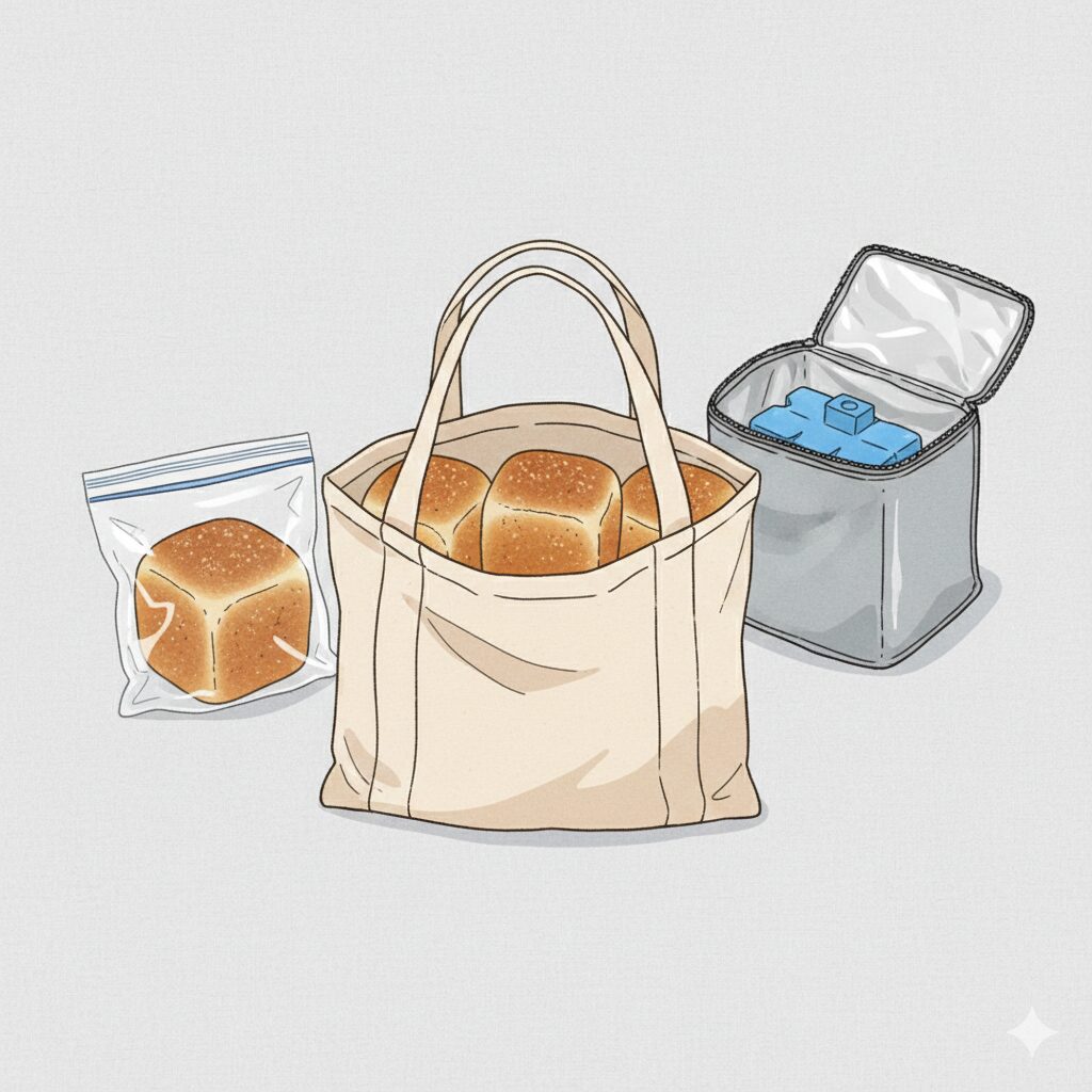 薄いグレーの背景に、パンのテイクアウトを想定した3つのアイテムが描かれています。中央には生成色のトートバッグから顔を出す3つのキューブパン。左側には透明なジッパー付きポリ袋に個包装されたパンが1つ。右側には蓋が開いたグレーの保冷バッグがあり、中には青色の保冷剤が入っています。シンプルで清潔感のある手書き風のイラストです。