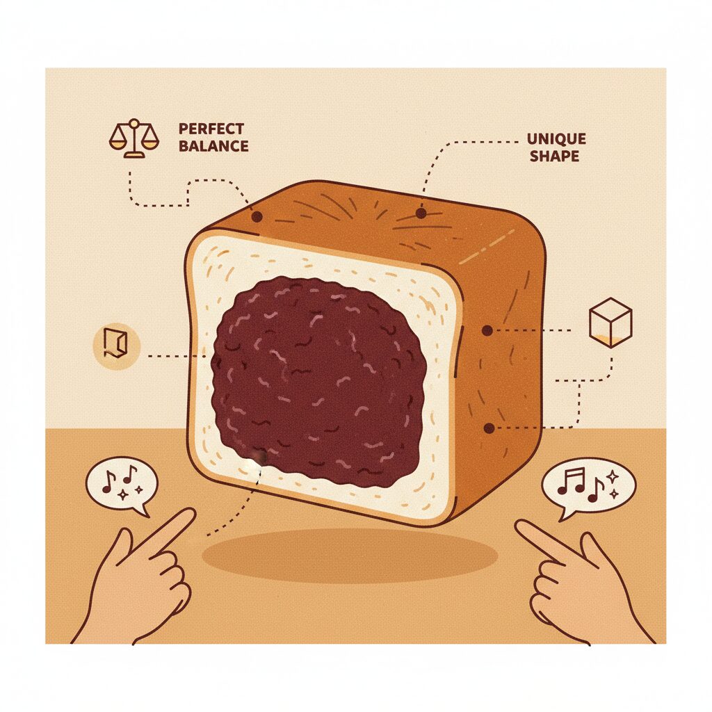 四角いパンの中にたっぷりのつぶあんが詰まった断面のイラスト。天秤のアイコンで「完璧なバランス」、立方体のアイコンで「ユニークな形状」と説明が添えられ、下部では指を差して音符の吹き出しで美味しさを表現しています。