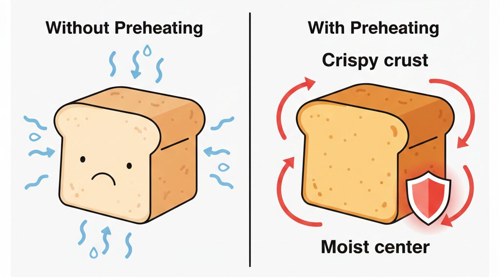 左右の比較図。左側は「Without Preheating（予熱なし）」で、水分が逃げて悲しそうな表情の白いパン。右側は「With Preheating（予熱あり）」で、赤い矢印と盾のアイコンにより熱が閉じ込められ、こんがり焼けた「Crispy crust」「Moist center」なパンが描かれています。
