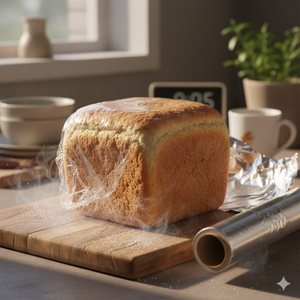 木製のカッティングボードの上に置かれた食パン一斤。乾燥を防ぐために透明なサランラップがパンの一部に巻かれており、手前にはアルミホイルのロールが置かれている。窓際から差し込む柔らかな光がパンを照らし、背後には観葉植物や食器が並ぶキッチンの日常風景。