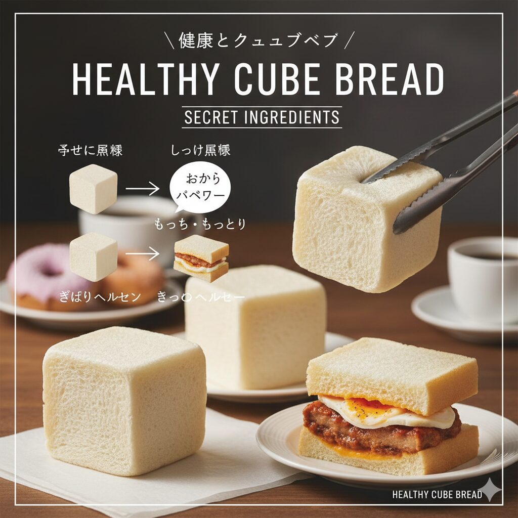 木目調のテーブルの上に、異なる質感のキューブパンが3つ並んでいます。手前には白い食パンと渦巻き状のデニッシュ、奥にはハーブが乗った焼き色の濃いパンが配置されています。 傍らには湯気が立つコーヒーマグ、新鮮なイチゴ、カットされたオレンジ、小さなバターが添えられ、明るく穏やかな朝を演出しています。