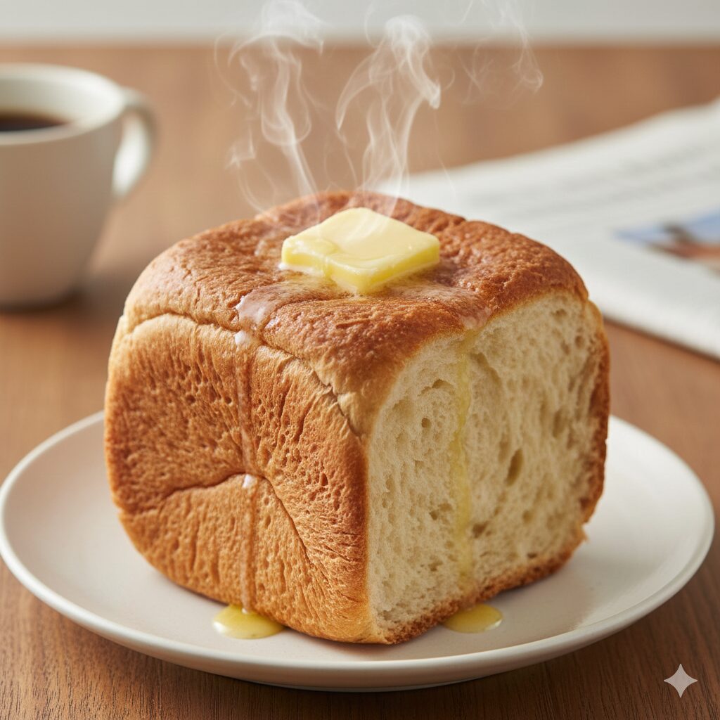 白い丸皿に乗った厚切りの山型トースト。トーストの頂上には四角いバターが乗っており、熱で溶け出したバターがパンの側面に黄金色に垂れている。パンからは白い湯気が立ち上り、背景にはコーヒーカップと新聞がボケて配置された、温かみのある朝食の風景。