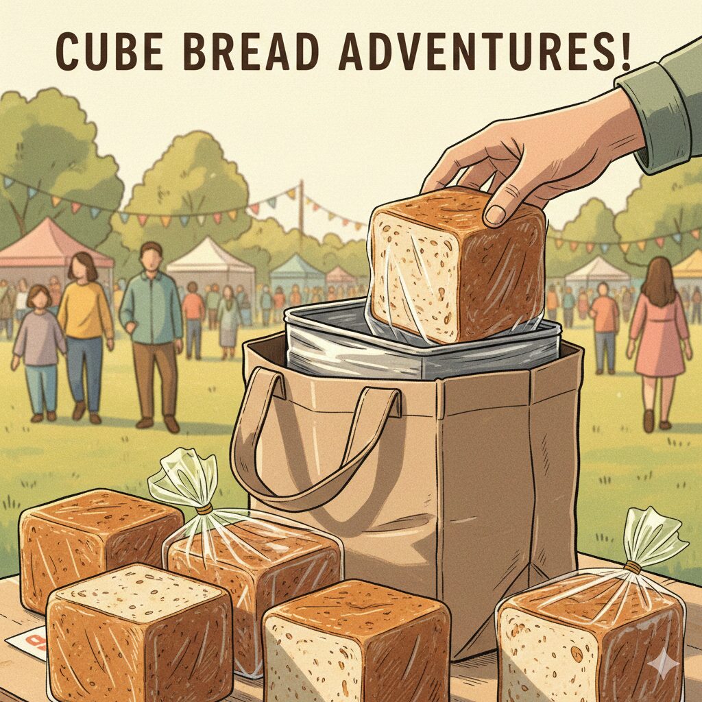 「CUBE BREAD ADVENTURES!」と上部に書かれたレトロなタッチのイラスト。手前には穀物入りの四角いキューブパンが複数並び、そのうちの一つを人の手が茶色のトートバッグに入れています。背景は日差しの明るい屋外の広場で、色とりどりのガーランドやテント、歩いている人々が描かれた賑やかなパン祭りの光景です。