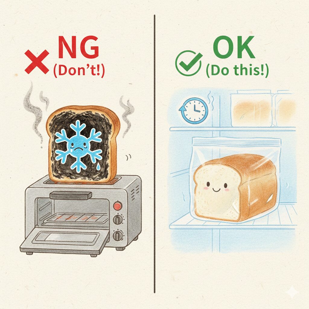 冷凍パンの扱い方を説明する2分割のイラスト。左側は「NG」と赤い×印があり、トースターの中で外側が黒焦げなのに中心に氷のマークがついた悲しそうなパンが描かれている。右側は「OK」と緑の丸印があり、冷蔵庫の中で袋に入ったパンが時計のアイコンと共にゆっくり解凍されている穏やかな様子。