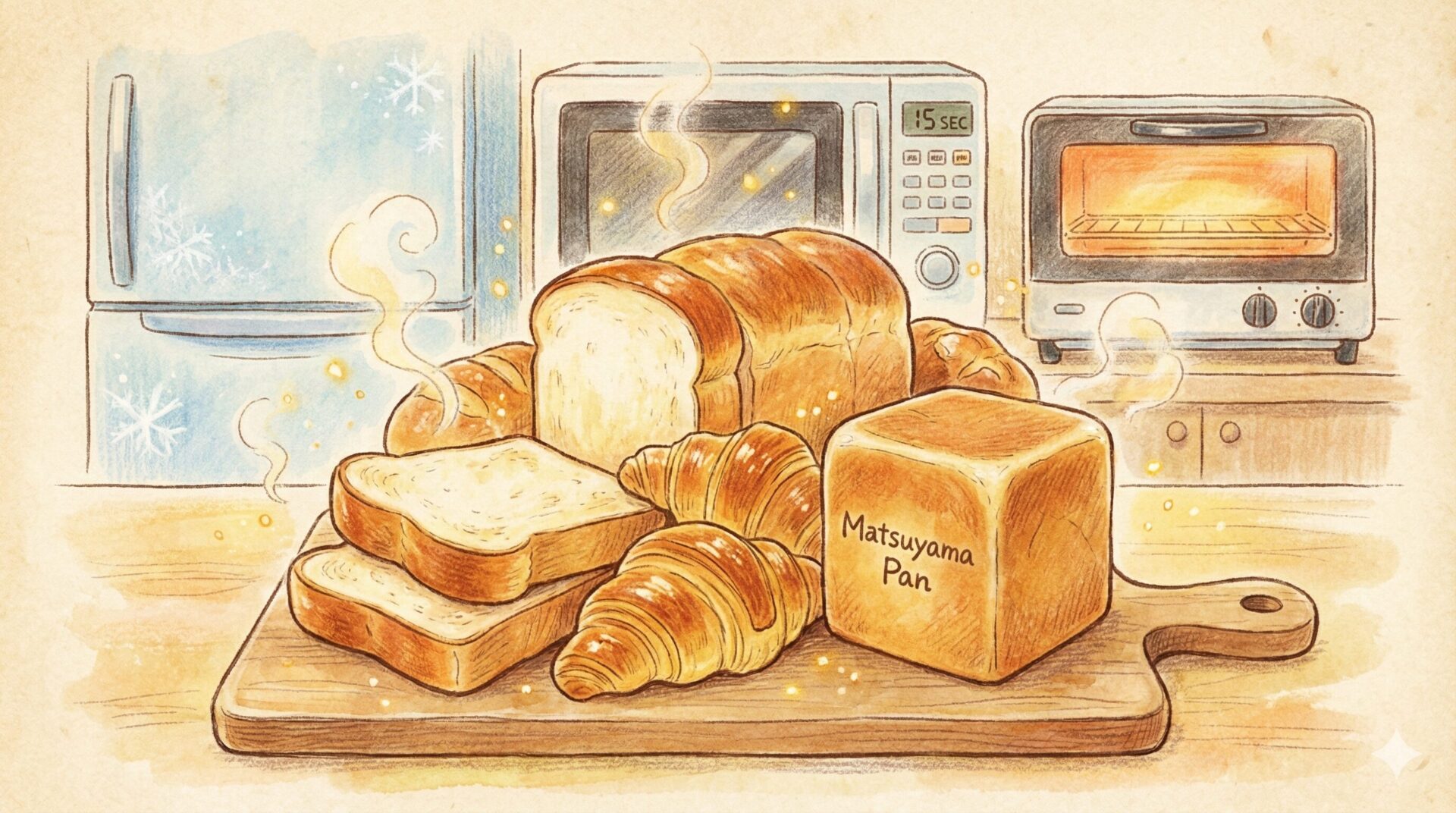 温かい水彩画風のイラスト。中央のカッティングボードに湯気が立つ厚切り食パン、クロワッサン、キューブ型の「Matsuyama Pan」が盛られている。背景には霜のついた冷凍庫、15秒と表示された電子レンジ、光るオーブントースターが描かれ、冷凍パンが焼きたてに復活する様子を表現している。