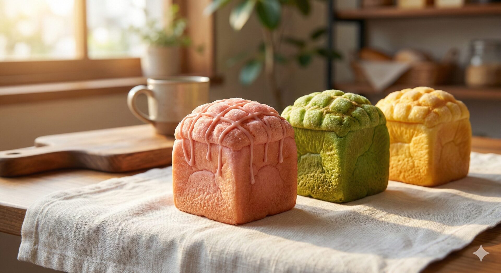 白い背景に並んだ3色のキューブパン。左はピンクのクッキー生地に格子状のアイシングが垂れ、中央は黄金色のプレーン、右は深い緑色の抹茶。表面のサクサクとした質感が際立つ、真横から捉えた構図。