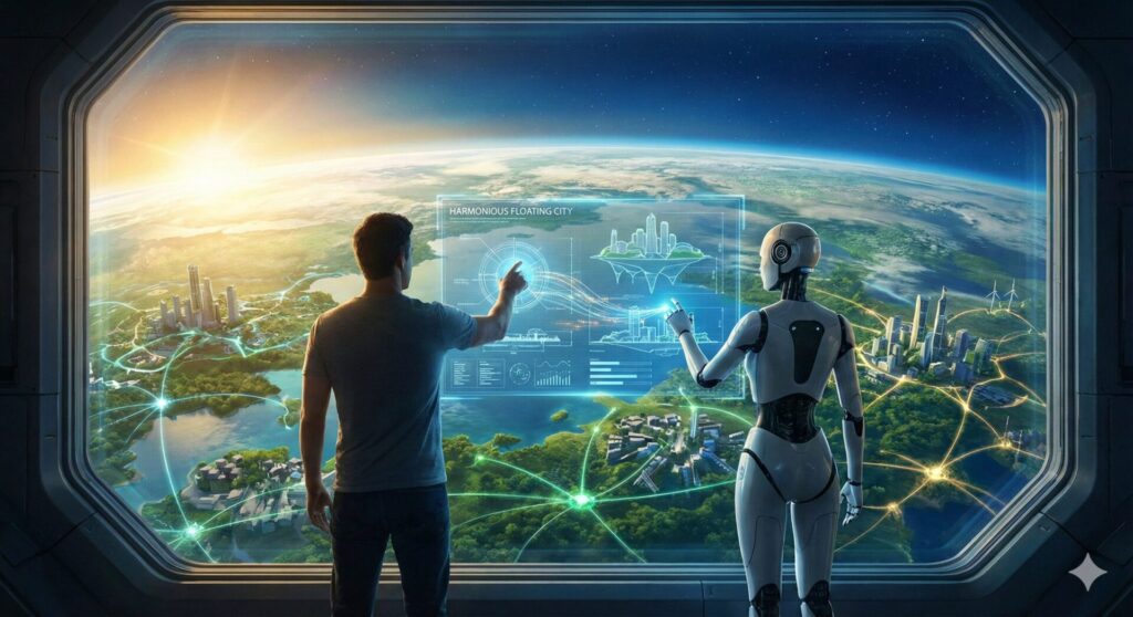 宇宙船の窓から地球を眺め、ホログラムで未来都市の計画を練る男性と人型ロボットの背中。日の出に照らされた地球と「Harmonious Floating City」の青いホログラム表示。