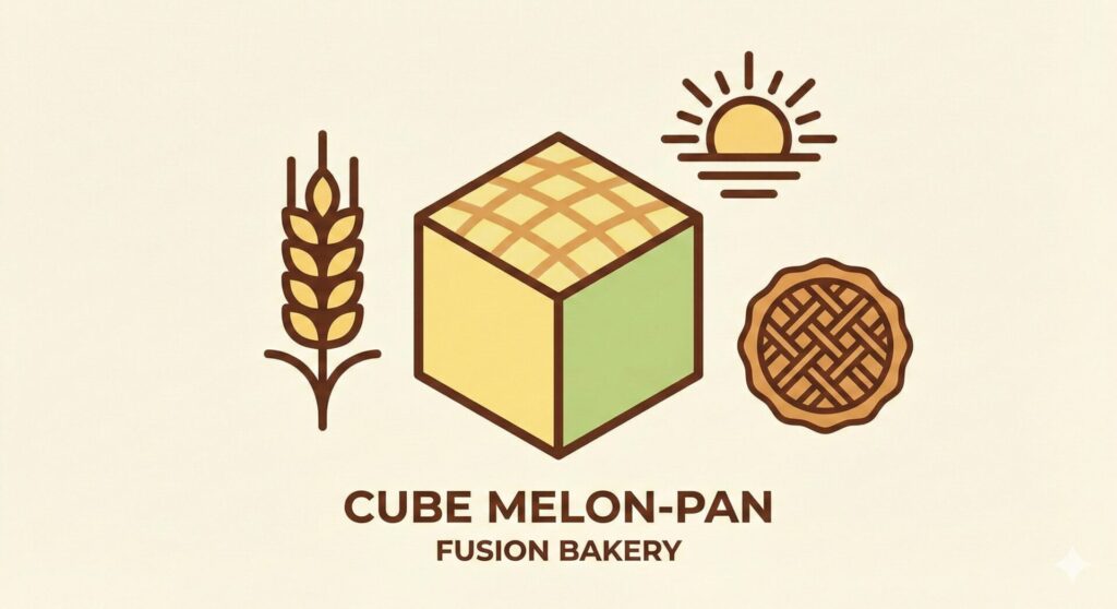 ベージュの背景にブラウンのラインで描かれたロゴ。中央に格子模様のキューブ型メロンパンがあり、左に麦の穂、右上に昇る太陽、右下に円形の焼き菓子のアイコンが並んでいます。下部には英字のブランド名が記されています。