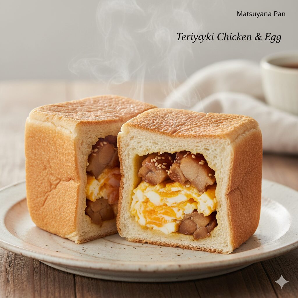 木目のテーブルの上に、異なる質感のキューブ型パンが3つ並んでいます。手前には白い食パンと渦巻き状のデニッシュ、奥にはハーブが乗った焼き色の濃いパンが配置されています。傍らには湯気が立つコーヒーマグ、新鮮なイチゴ、カットされたオレンジ、小さなバターが添えられ、明るく穏やかな朝のひとときを表現しています。