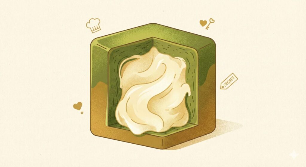 緑色の正方形のパン(キューブパン)の角が切り取られ、中から溢れんばかりの白いホイップクリームが見えている手書き風イラスト。