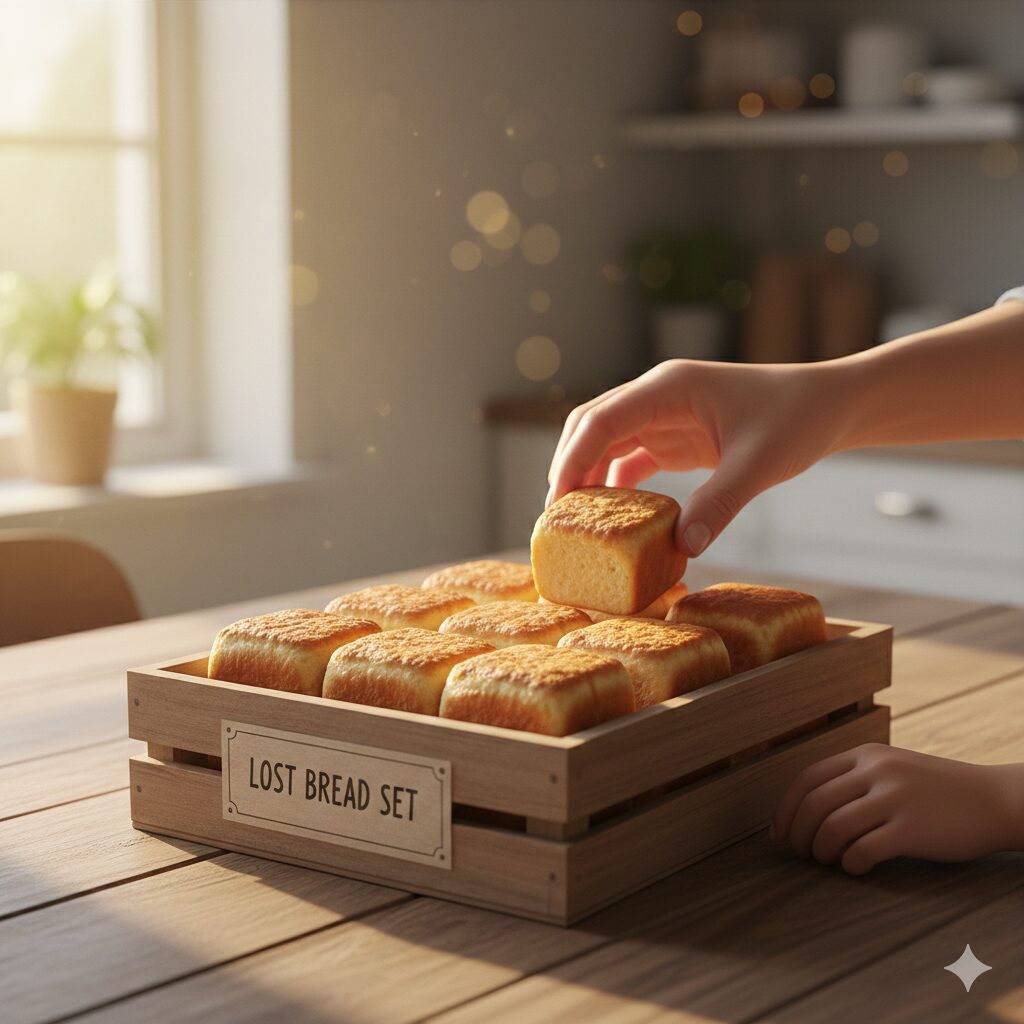 温かみのある光が差し込むキッチンで、木製のテーブルに置かれた小さな木箱に、こんがりと焼けた正方形のキューブパンが整然と並んでいます。手前の木箱には「LOST BREAD SET」というラベルが貼られており、人の手が箱の中からパンを一つ持ち上げようとしている瞬間を捉えています。背景は柔らかくぼかされており、窓からの自然光と室内の暖色の照明が、パンの質感と美味しそうな焼き色を強調しています。