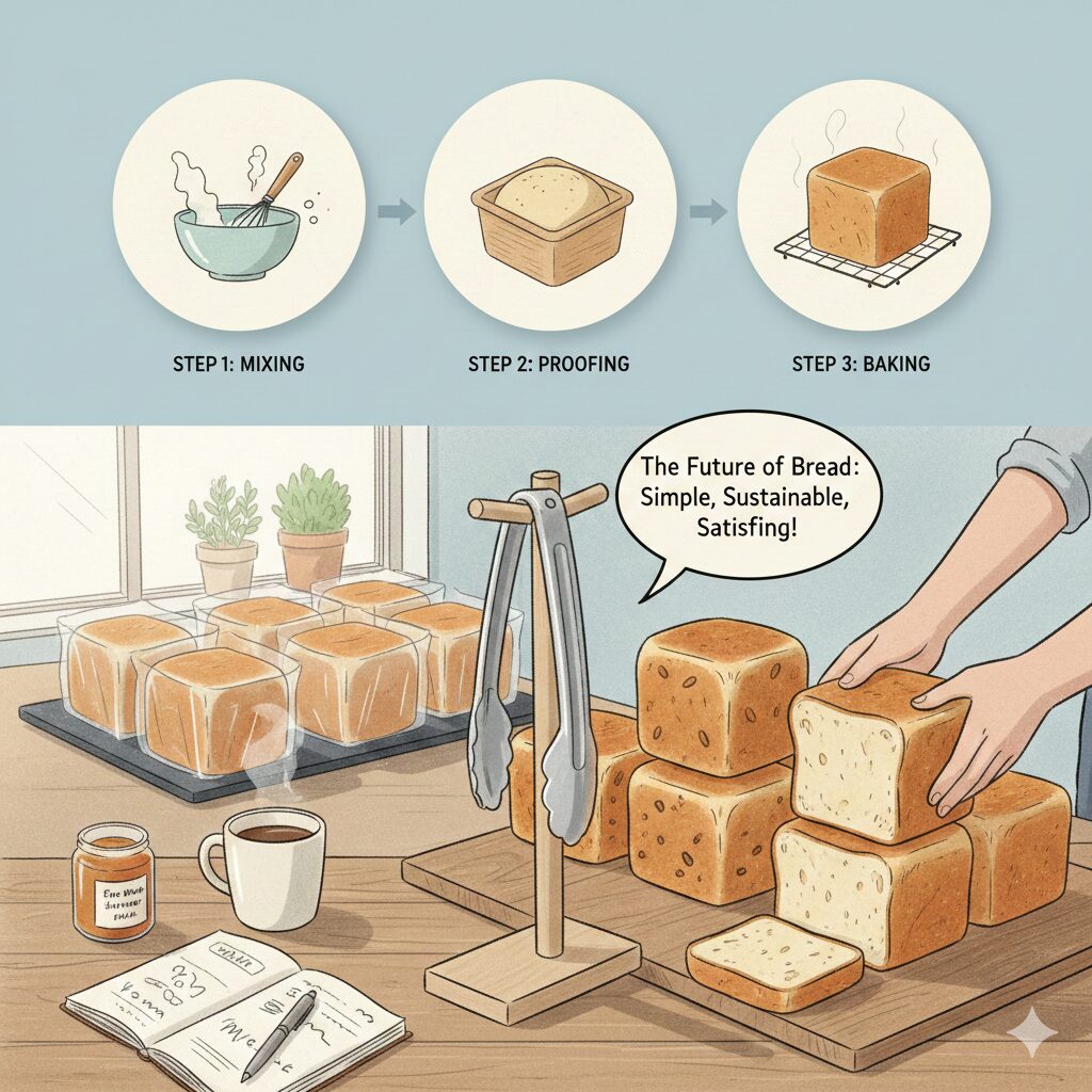 パン作りの3工程（混ぜる・発酵・焼く）を示すイラストと、焼き上がった四角いパンを並べるキッチンの様子。吹き出しには「The Future of Bread: Simple, Sustainable, Satisfying!」という文字があり、手前にはコーヒー、ジャム、ノートが配置されている。