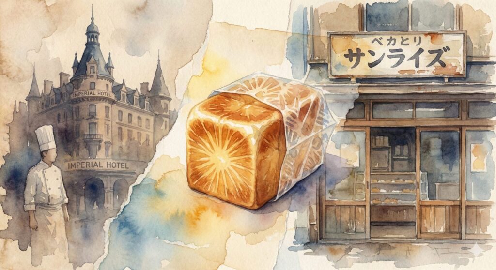 左側に帝国ホテルの外観と白衣のシェフ、右側に「サンライズ」という看板のパン屋、中央に透明な袋でラッピングされた黄金色のキューブパンを配置した、柔らかなタッチの水彩画コラージュ。