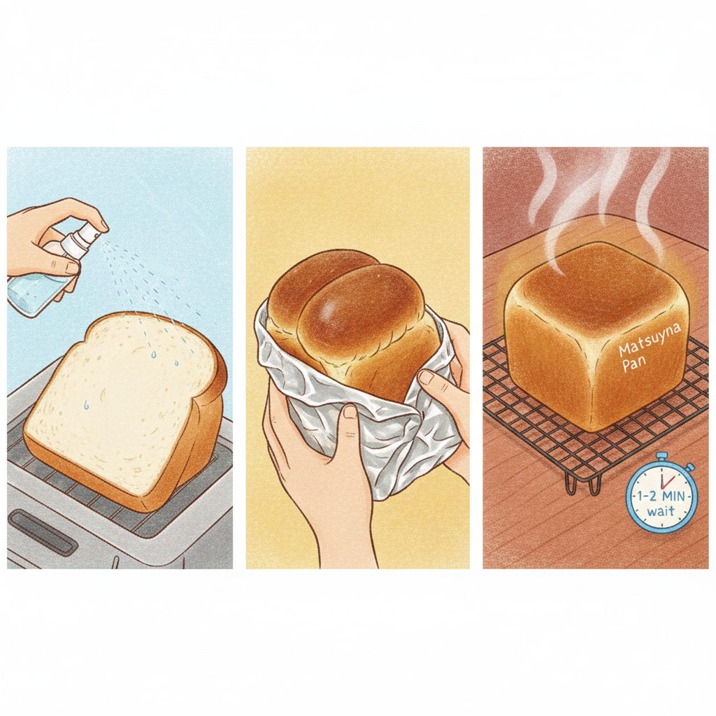 パンを美味しく温め直す3つのコツを紹介する3分割のイラスト。
左:焼く前に霧吹きでパンに水をかける様子。
中央:カレーパンなどの具入りパンをアルミホイルで包む様子。
右:焼き上がったパンをケーキクーラーの上で1〜2分休ませている様子。