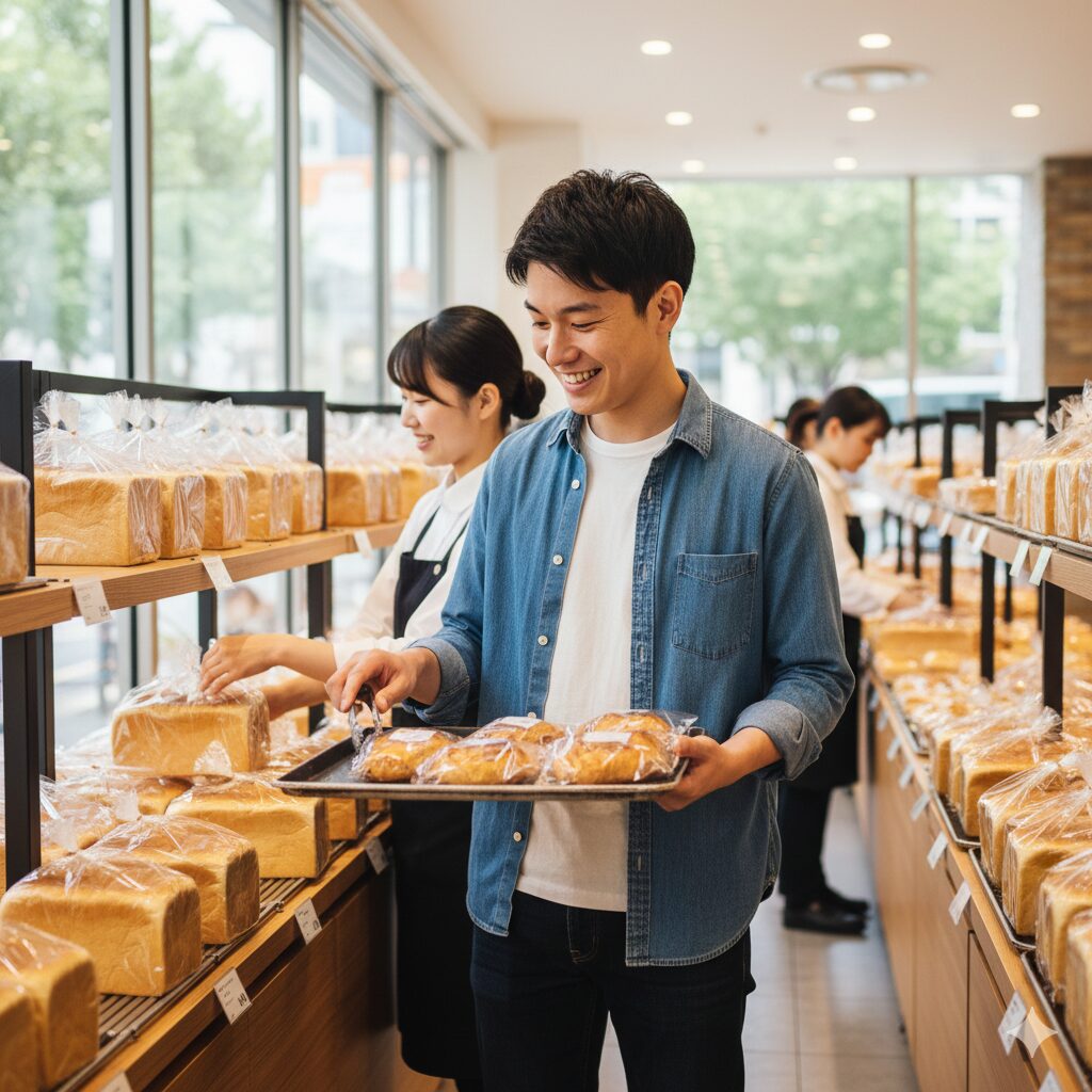 明るい光が差し込むベーカリーの店内。デニムシャツを着た男性が、個包装されたパンが乗ったトレイを手に持ち、楽しそうにパンを選んでいます。左側の棚には透明な袋に入った食パンが整然と並び、奥ではエプロン姿の女性店員が商品を補充しています。