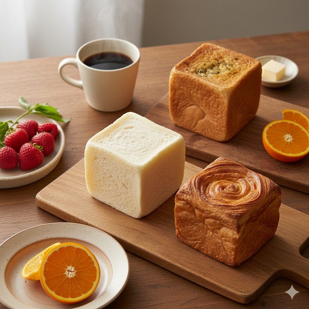 木目調のテーブルの上に、正方形のキューブ型をした3種類のパンがカッティングボードに乗っています。手前には白い食パンと、渦巻き状の焼き目がついたデニッシュパン、奥にはハーブがトッピングされた惣菜パンが配置されています。周囲には湯気が立つ白いマグカップのコーヒー、小皿に盛られた新鮮なイチゴとカットオレンジ、角切りのバターが並び、明るく暖かな朝食の雰囲気を演出しています。