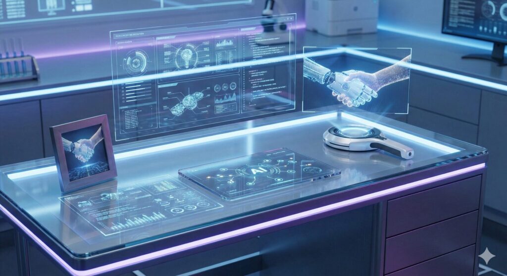 未来的な研究室のデスクに浮かび上がる、人間とロボットの手が握手を交わすホログラム。AI技術とデータの可視化を象徴する青い光のハイテクなワークスペース。