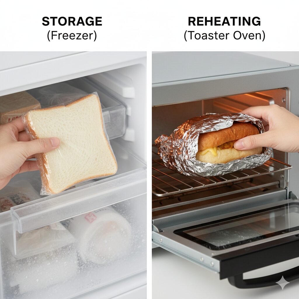 保存とリベイクの方法を解説する2分割の比較写真。左側(STORAGE)はラップで包んだパンを冷凍庫に入れる様子、右側(REHEATING)はアルミホイルで包んだ具入りパンをトースターに入れる様子を映した、清潔感のある実写スタイルのガイド。
