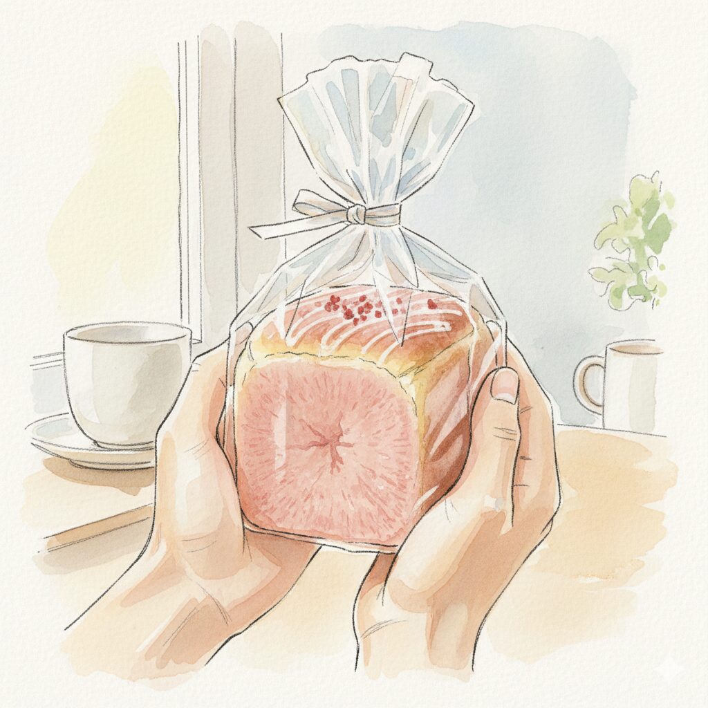 水彩画のタッチで描かれた、透明な袋にリボンで包まれたピンク色の断面を持つキューブパン。背景にはコーヒーカップが置かれ、窓際でパンを両手で包み込むような構図。