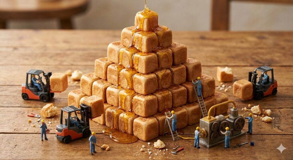 ピラミッドのように積みあがったキューブパンに滝のようにハチミツが流れかかっている画像をリアルミニチュア風に。周囲にフォークリーフとでキューブパンを運んでいたり機会を操作する作業員がいる