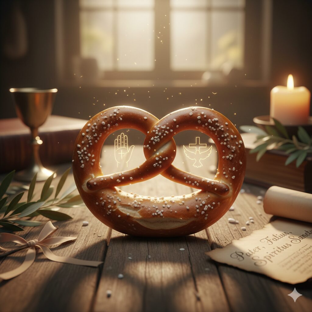 プレッツェルの三つの穴は
キリスト教の「父・子・聖霊」という
三位一体を表すともされ、祝祭や祝福の意味を画像化したもの。窓からの明かりが神々しくプレッツェルを照らしている。